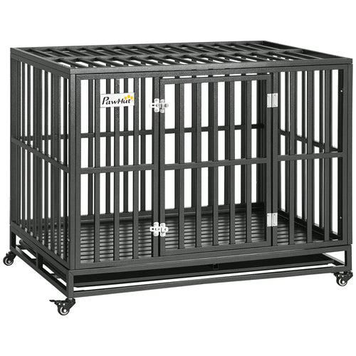 44 Heavy Duty Steel Dog Crate, Pet Cage with Wheels, Black
