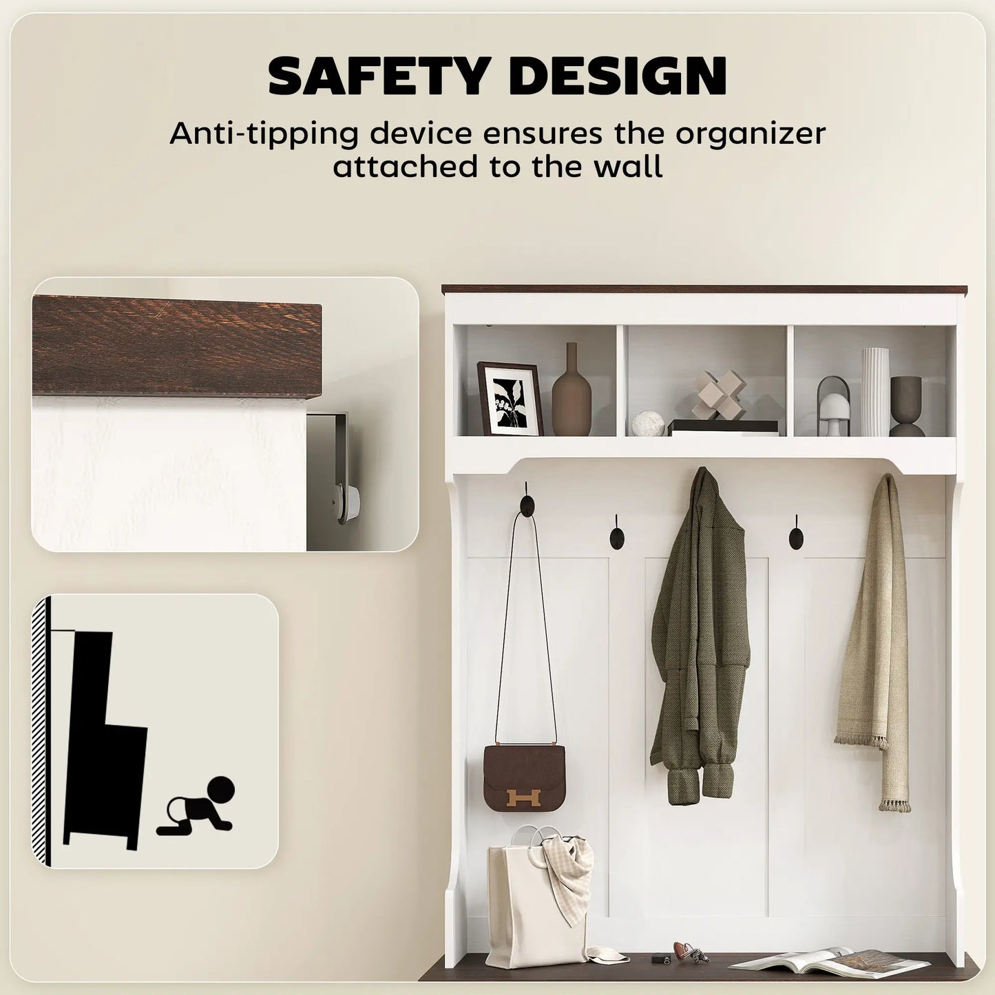 3-in-1 Hall Tree, Bench, Coat Rack with Shoe Storage, White Wood Grain, White Clothing Storage at Gallery Canada