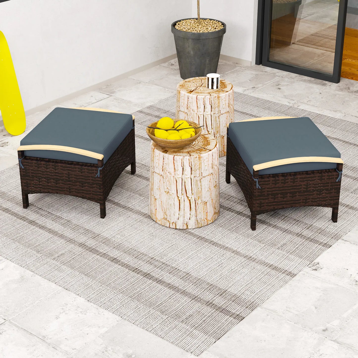 2 Wicker Ottomans, Removable Cushion, Rattan Footstool, Blue Patio Furniture Sets at Gallery Canada
