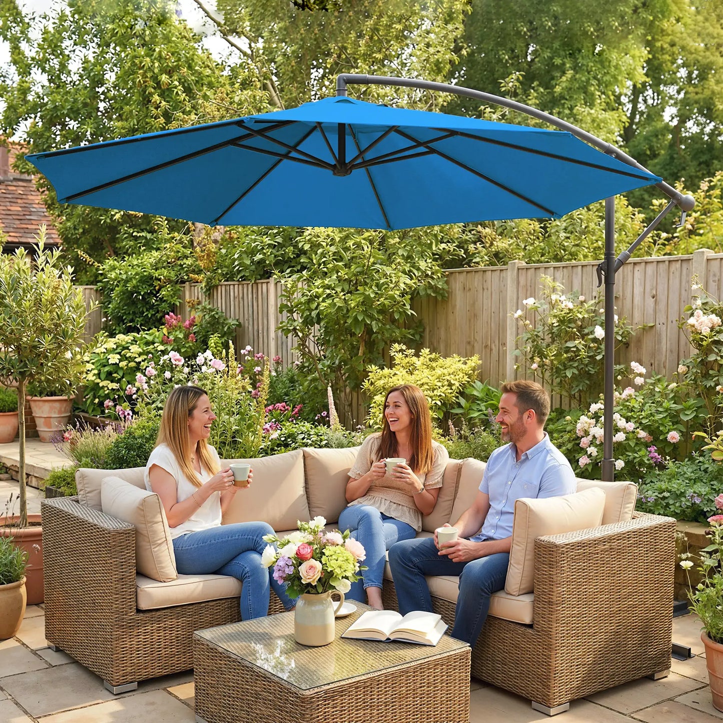10ft Offset Patio Umbrella, Crank Hanging Parasol, Blue Cantilever Umbrellas at Gallery Canada