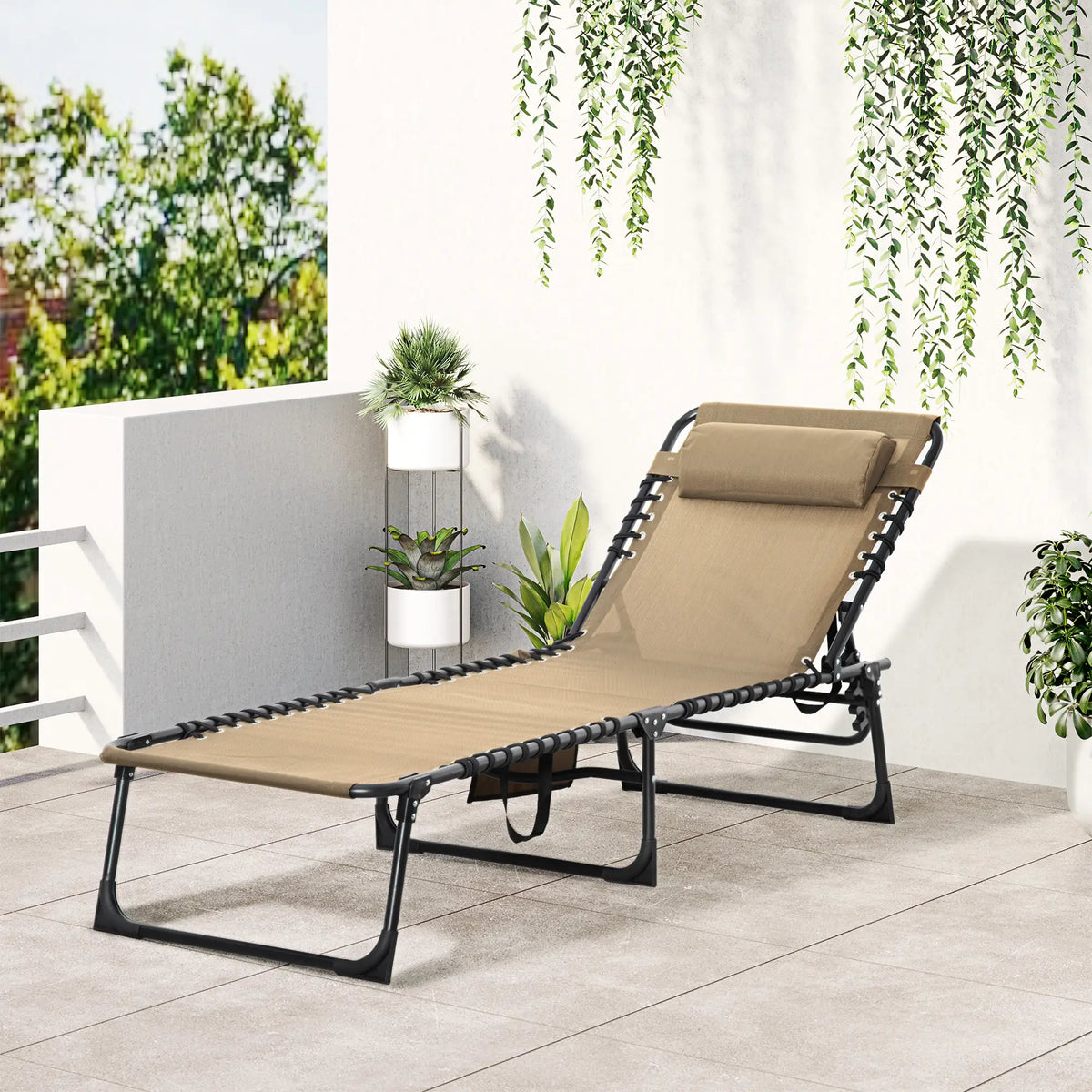 Outdoor Folding Chaise Lounge, Adjustable Backrest, Removable Pillow, Beige Lounger Chairs at Gallery Canada