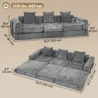 96.5" Folding Sofa Bed, Convertible 3 Seater Modular Couch, Grey