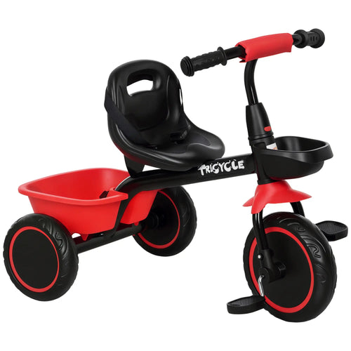Large Kids Tricycle, Adjustable Seat, Safety Belt, 2 Storage Baskets, Red