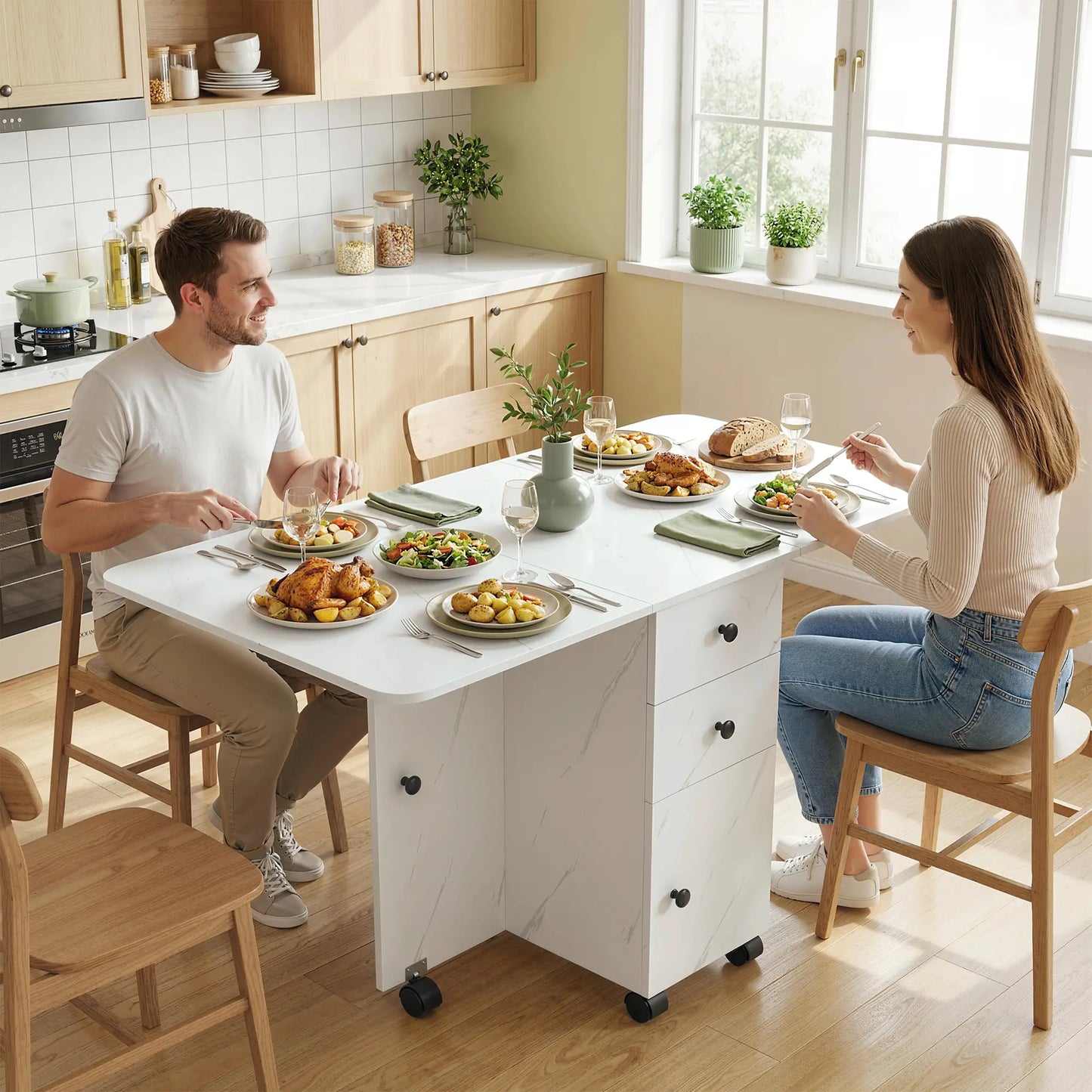 Drop Leaf Dining Table, Mobile Folding Table With Drawers, Marble White, White Dining Tables at Gallery Canada