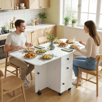 Drop Leaf Dining Table, Mobile Folding Table With Drawers, Marble White, White Dining Tables at Gallery Canada