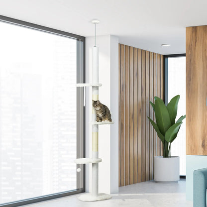 88.5"-100.5" Floor to Ceiling Cat Tree, Scratching Posts, Cloud Platforms, Dangling Balls, White Floor to Ceiling Cat Trees at Gallery Canada