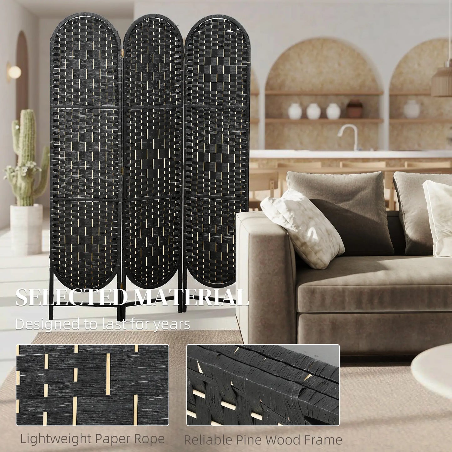 Bohemian Privacy Screen, 3 Panel Folding Room Divider, Arched Top, Black Room Dividers at Gallery Canada