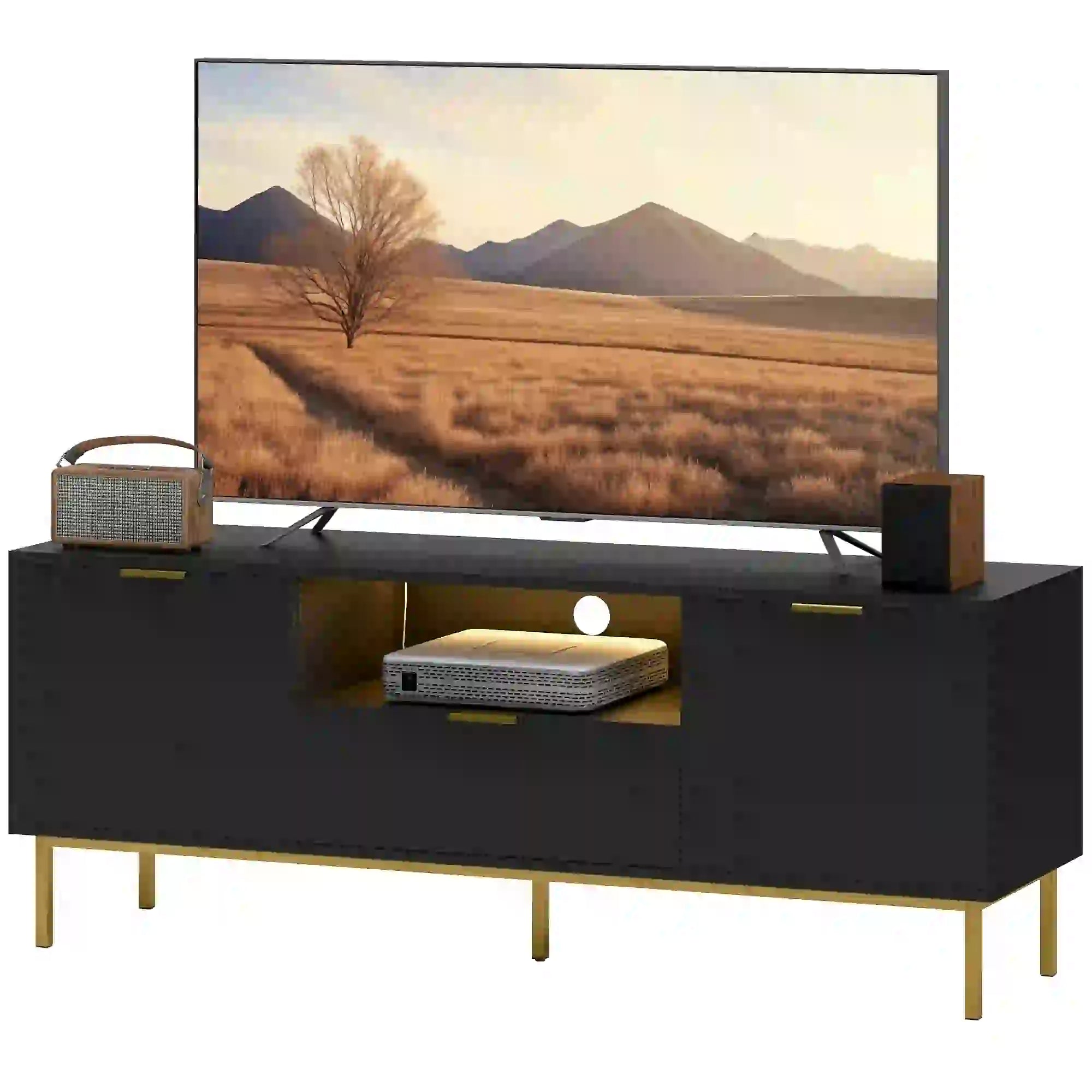 Modern TV Console, 50 Inch, With RGB LED Lights, Soft Close Doors, Black TV Stands Gold, Black at Gallery Canada