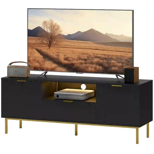 Modern TV Console, 50 Inch, With RGB LED Lights, Soft Close Doors, Black TV Stands Gold, Black at Gallery Canada