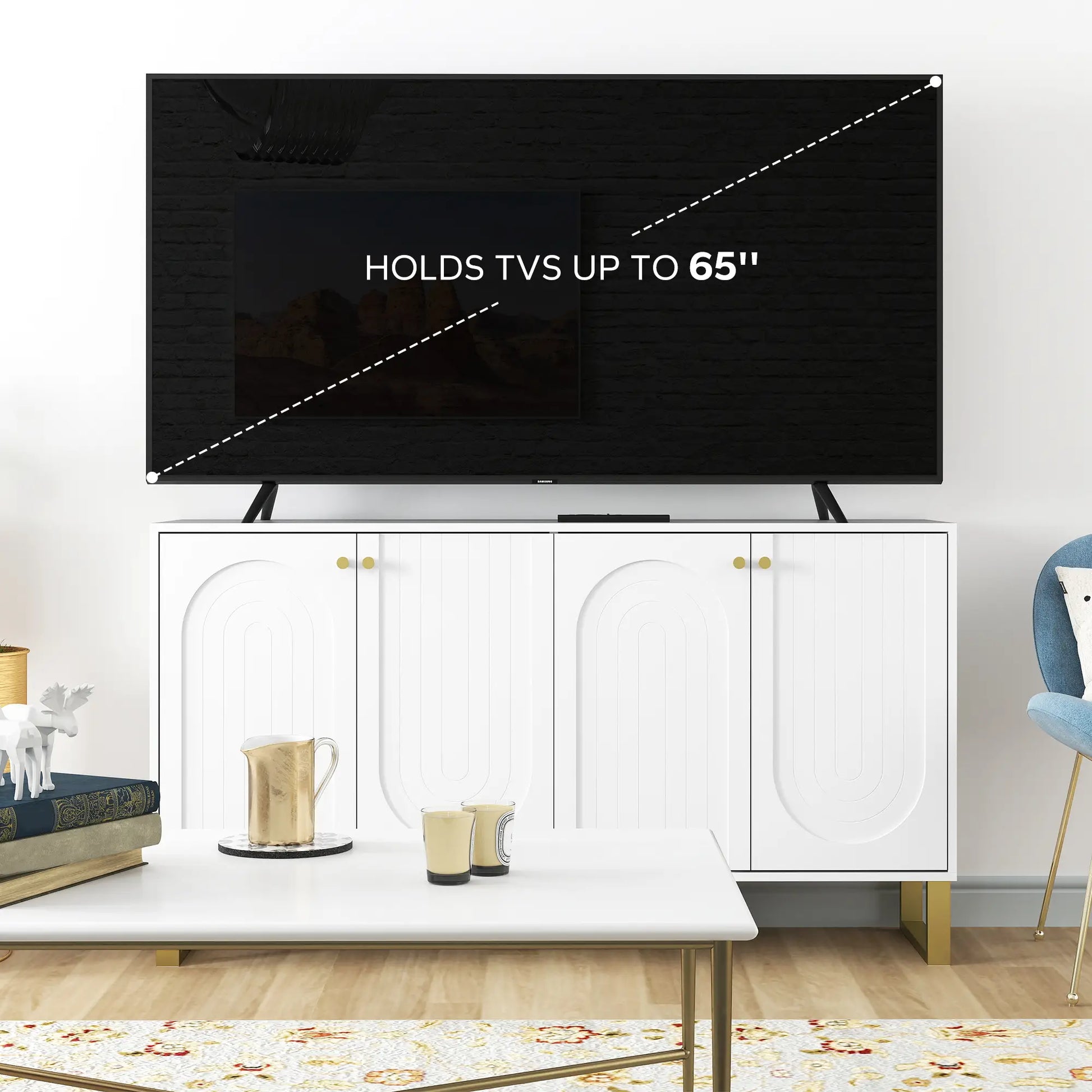 Modern Sideboard Buffet, 4 Doors, Adjustable Shelves, White Storage Cabinets at Gallery Canada