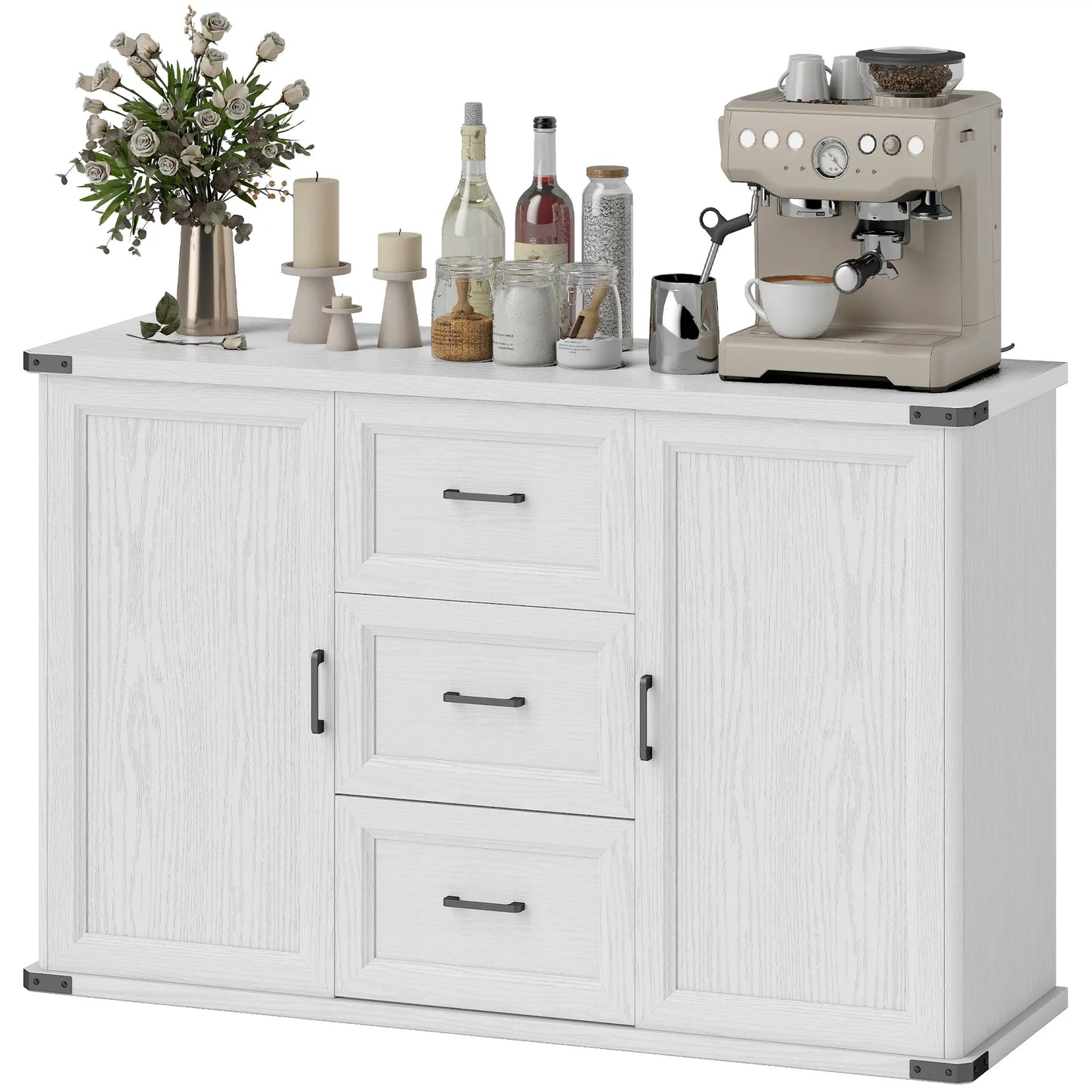 Sideboard With 3 Drawers, 2 Doors, 47" Buffet Cabinet, White Wood Grain, White Storage Cabinets White Wood Grain at Gallery Canada