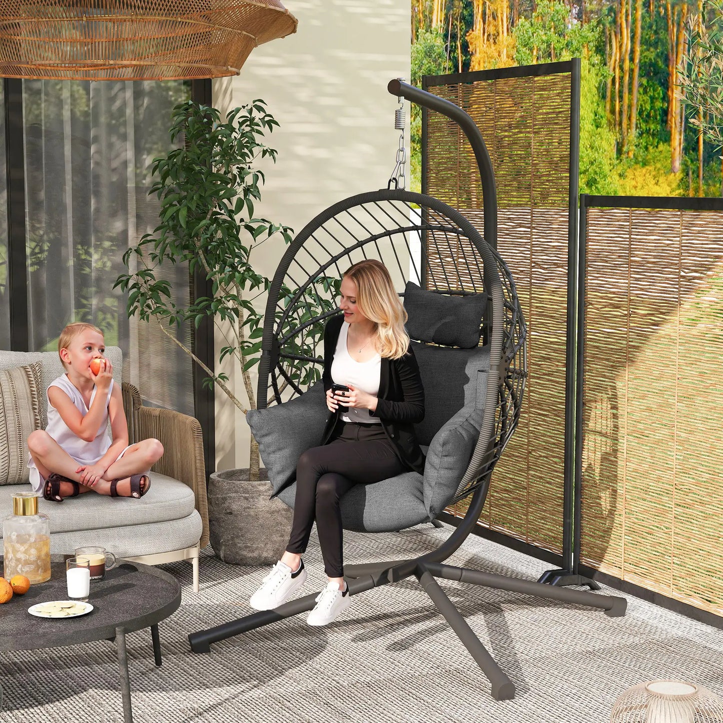 Metal Hanging Egg Chair, Full Body Padded Seat, Grey Patio Swings with Stand at Gallery Canada