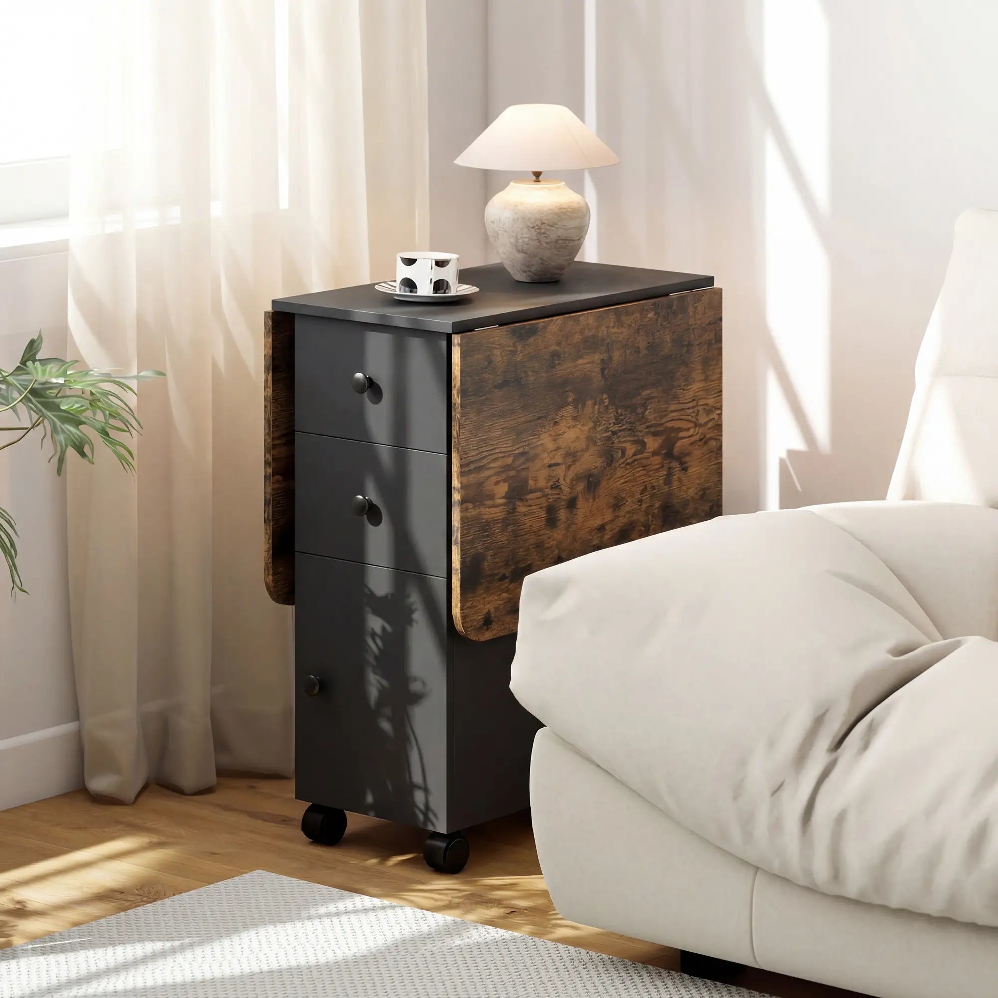 Drop Leaf Dining Table On Wheels With Drawers, Rustic Brown And Black, Brown, Black Dining Tables at Gallery Canada