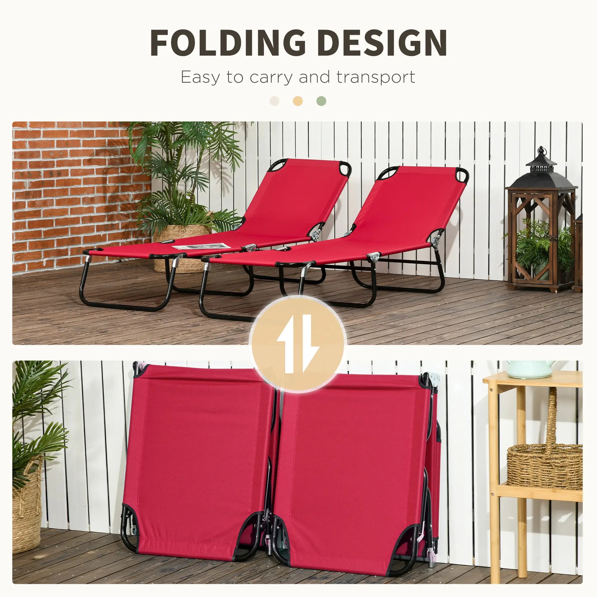 Set of 2 Folding Outdoor Lounge Chairs, Reclining Breathable Mesh, Red Lounger Chairs at Gallery Canada