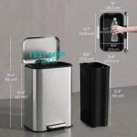 13.2 Gallon Slim Stainless Steel Trash Can, Silver, Silver
