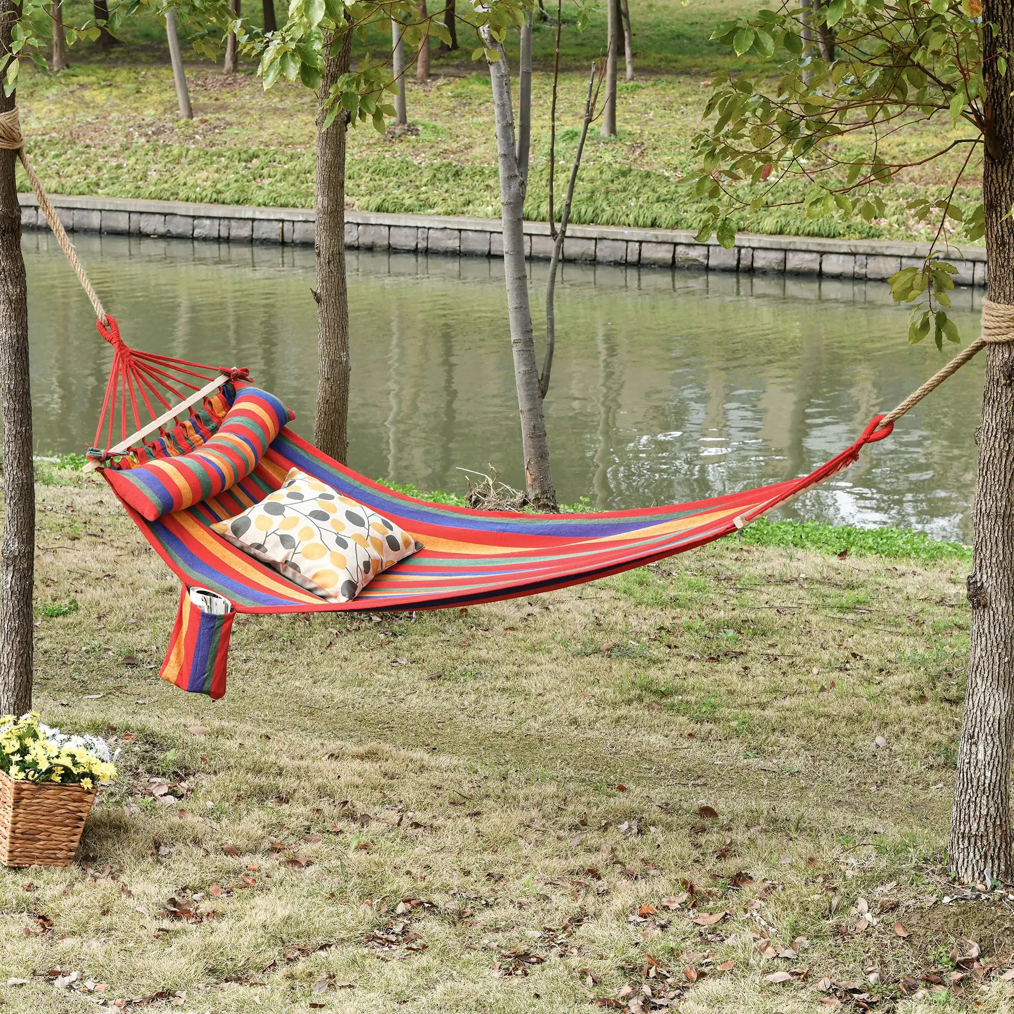 Portable Cotton Hammock Swing Chair, With Headrest And Side Pocket, Rainbow Stripes Camping Hammocks at Gallery Canada