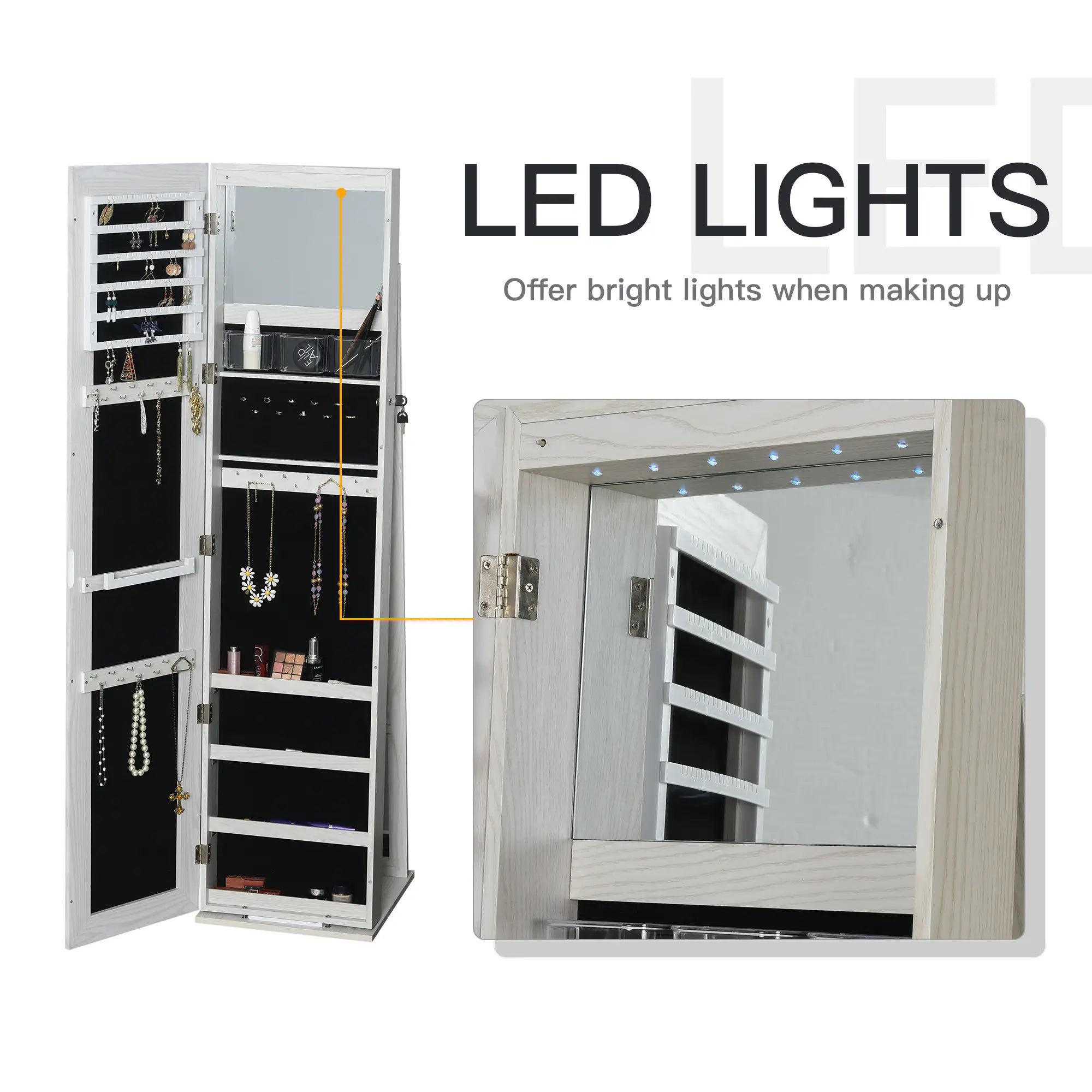 Mirror Jewelry Cabinet, Lockable Organizer with LED Lights, White Wood, White Jewelry Armoire & Jewellery Mirror Cabinets at Gallery Canada