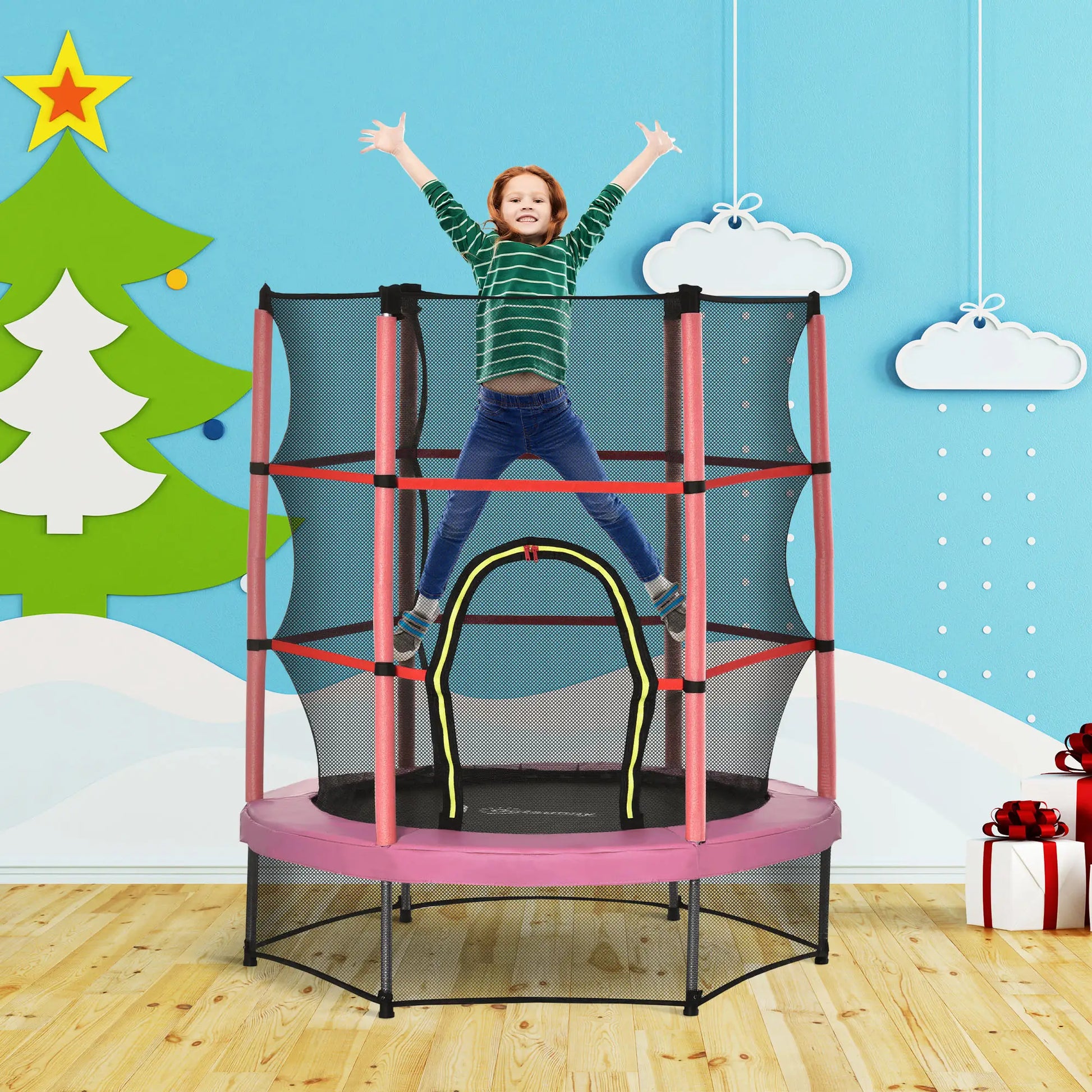 55" Kids Trampoline with Enclosure Net, Indoor/Outdoor, Pink Trampolines at Gallery Canada