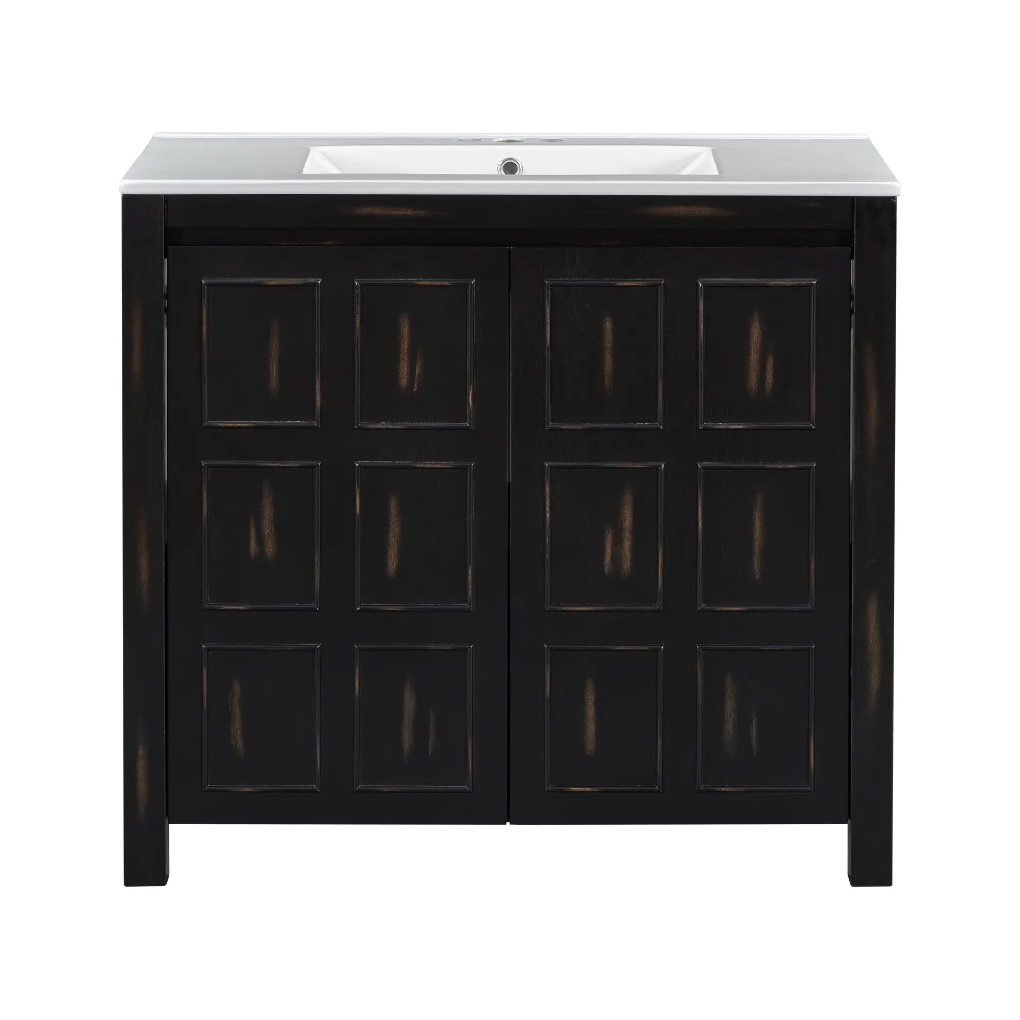 Solid Wood Bathroom Vanity, Ceramic Sink, Storage Cabinet, 36