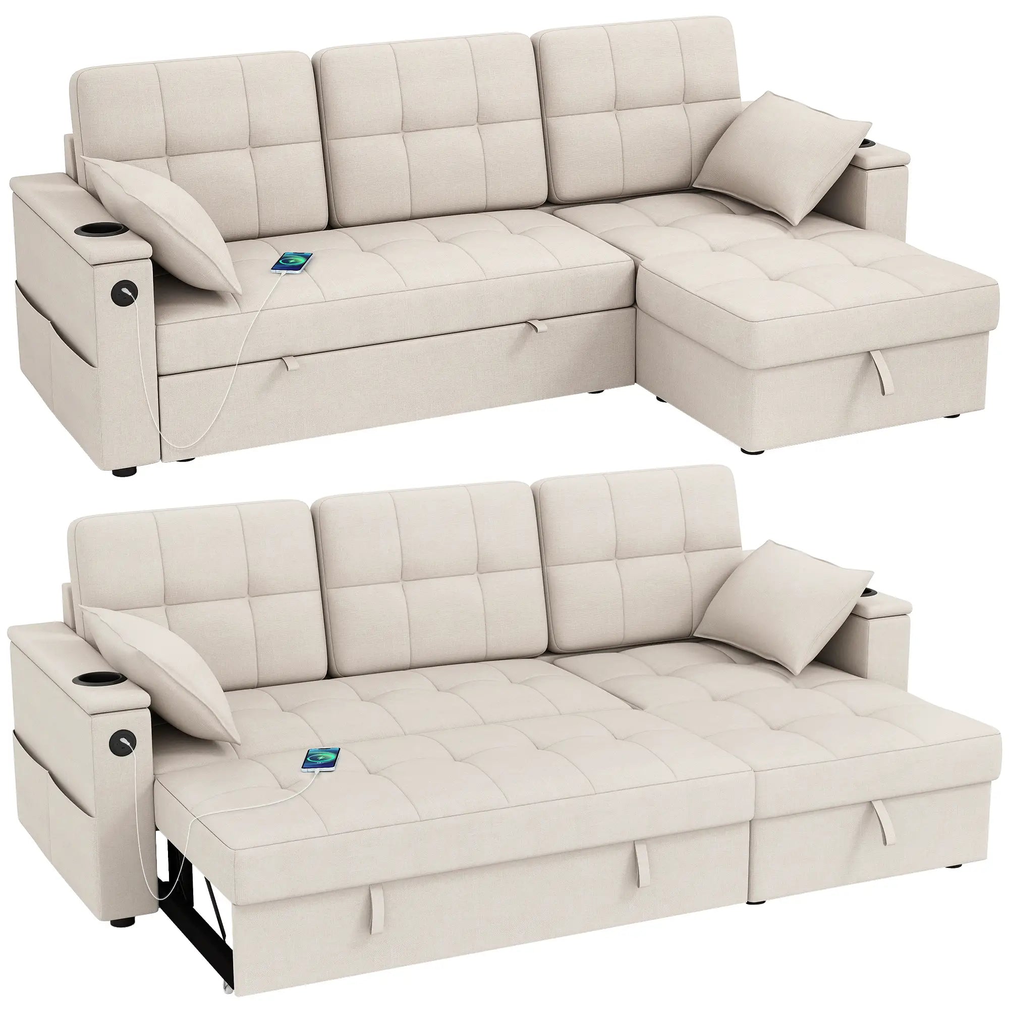 Convertible Sectional Sofa Bed, Pull Out Sleeper With USB‑A+C, Chaise Storage, L-Shaped Futon, Beige Sofas & Reclining Chairs at Gallery Canada
