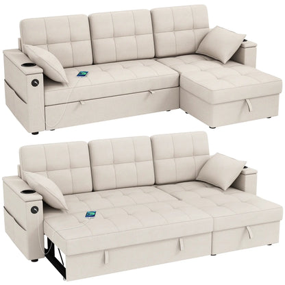 Convertible Sectional Sofa Bed, Pull Out Sleeper With USB‑A+C, Chaise Storage, L-Shaped Futon, Beige Sofas & Reclining Chairs at Gallery Canada
