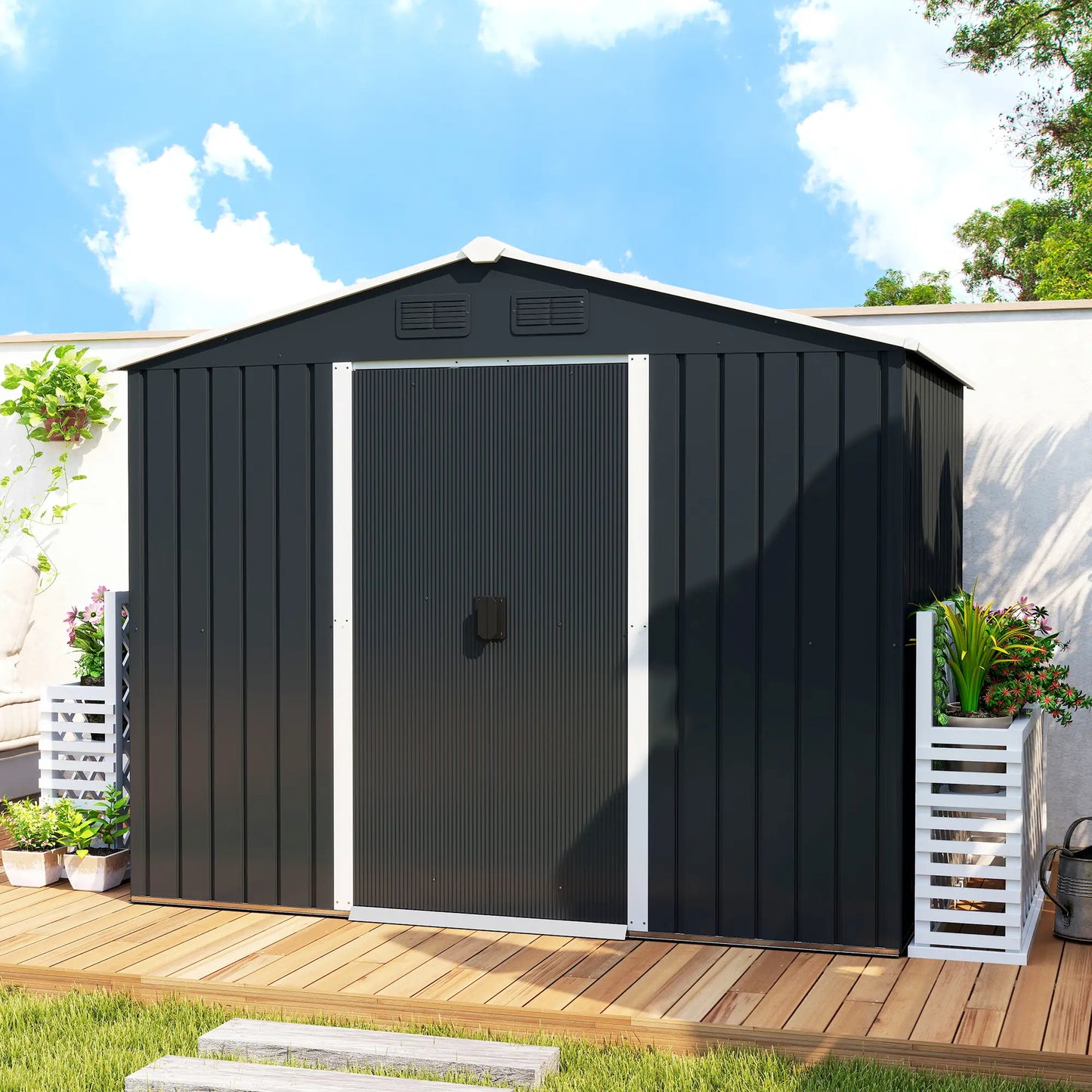 8' x 6' Outdoor Storage Shed, Metal Garden Tool House, Lockable Doors, Charcoal Grey Sheds at Gallery Canada