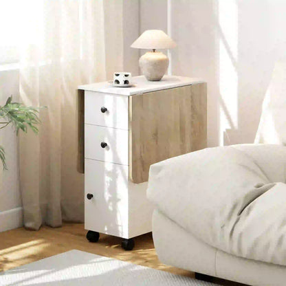 Mobile Drop Leaf Dining Table On Wheels, White And Oak, White Dining Tables at Gallery Canada