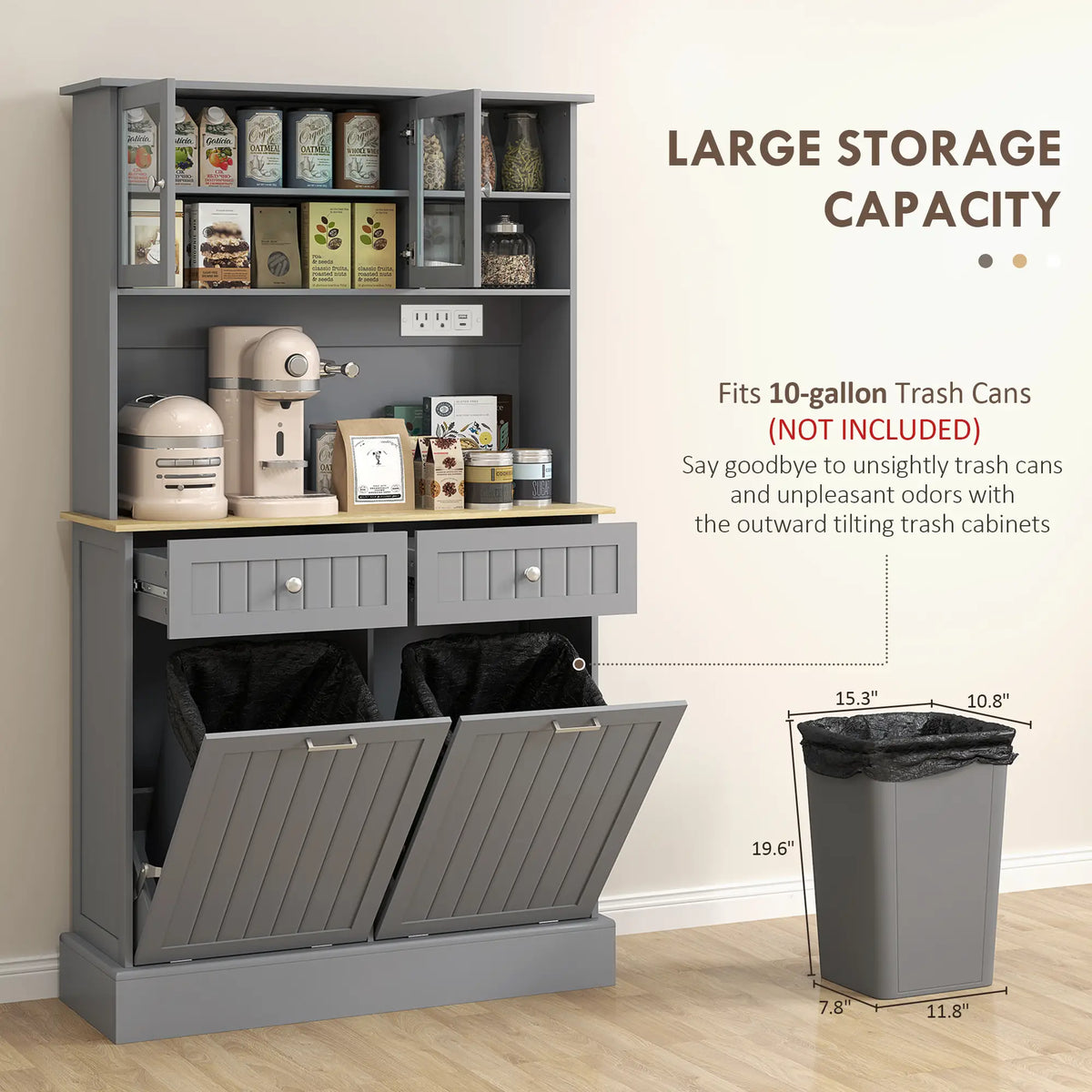 Kitchen Cabinet with Charging Station, 2 Tilt Out Cabinets, Microwave Stand, Grey Kitchen Pantry Cabinets at Gallery Canada