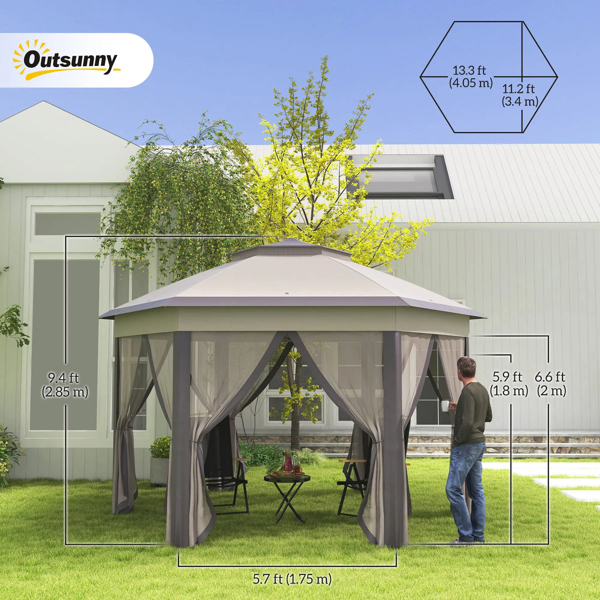 13' x 13' Pop Up Canopy Tent, Netting, Carry Bag, Coffee Beige