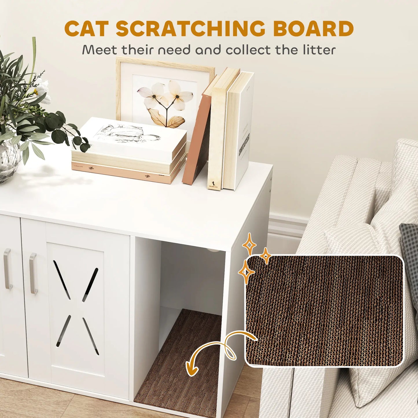 Hidden Cat Litter Box Enclosure with Scratching Board, 31.5" x 19" x 20", White Cat Litter Box Enclosures at Gallery Canada