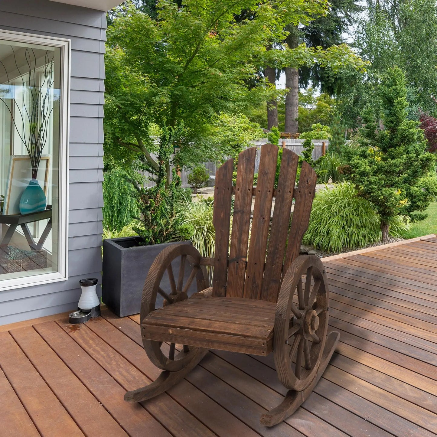 Wooden Rocking Chair, Outdoor Rocker with Slatted Design, Wheel Armrests, Carbonized Outdoor Rocking Chairs at Gallery Canada
