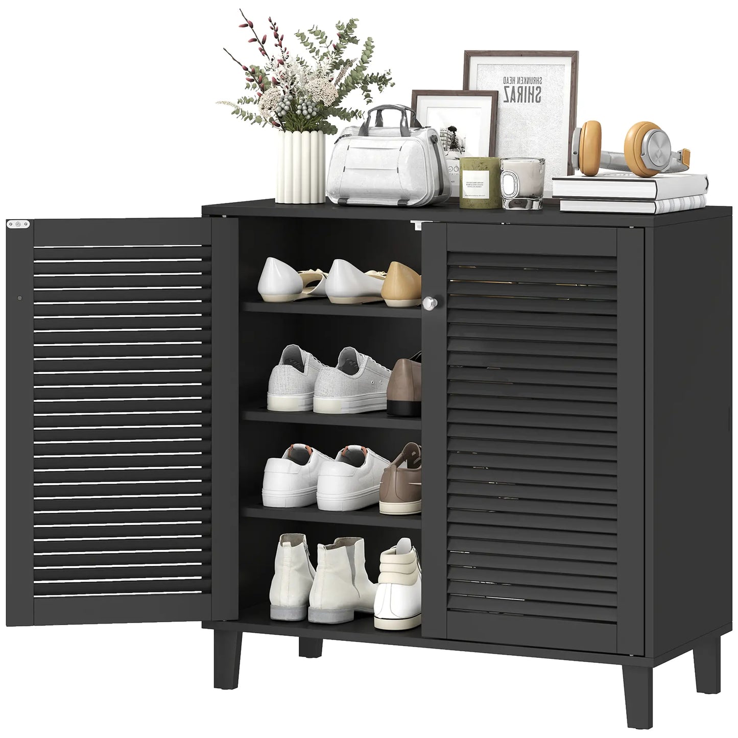 Shoe Cabinet With Adjustable Shelves, 2 Doors, Black, Black