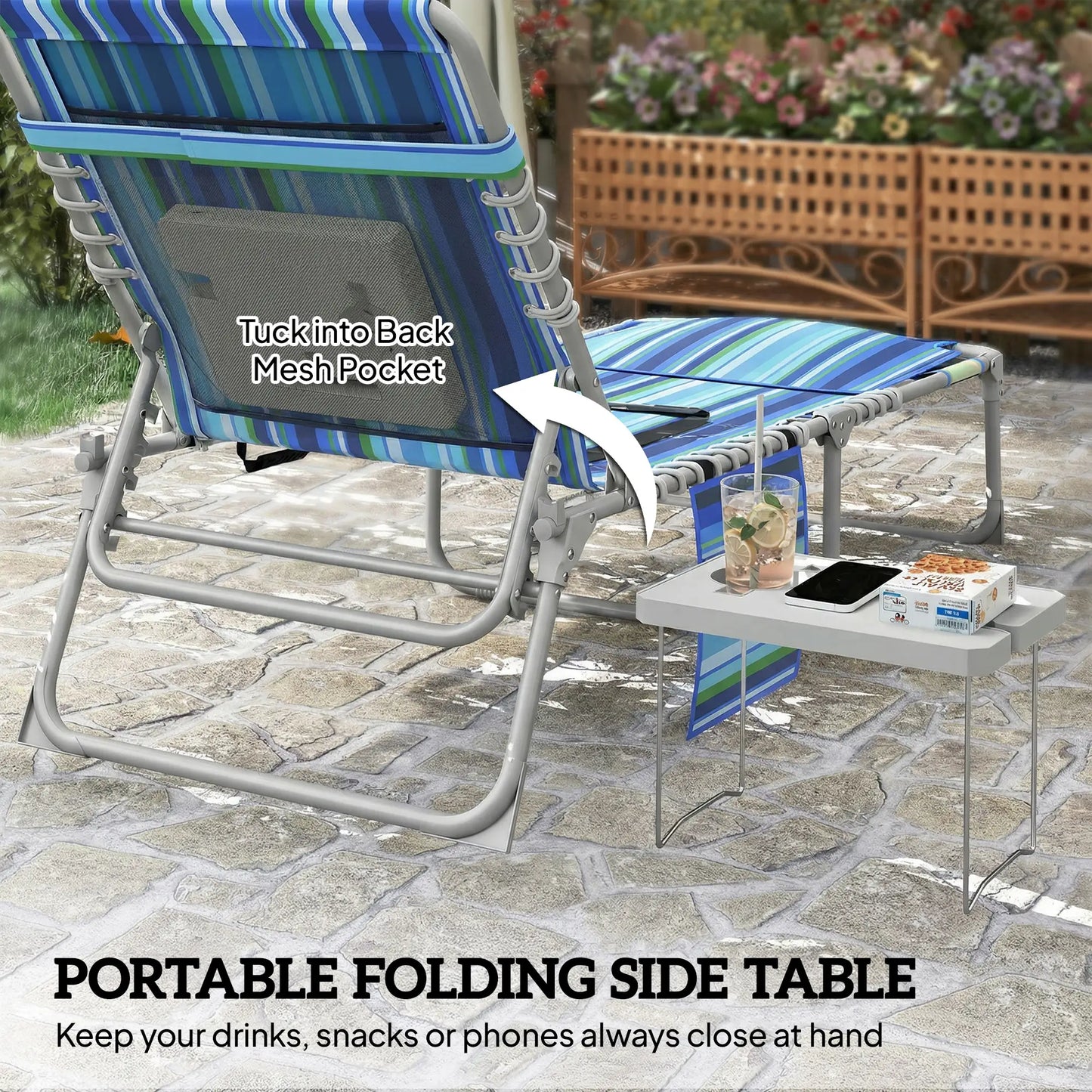 Folding Outdoor Lounge Chair, With Face Hole And Side Table, Blue Stripe Lounger Chairs at Gallery Canada