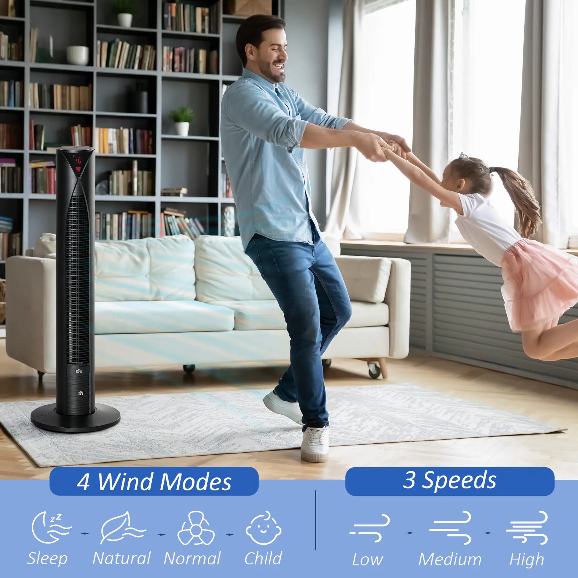 Freestanding Tower Fan, 3 Speed, 12h Timer, Oscillating, LED Panel, Remote, Black Tower Fans at Gallery Canada