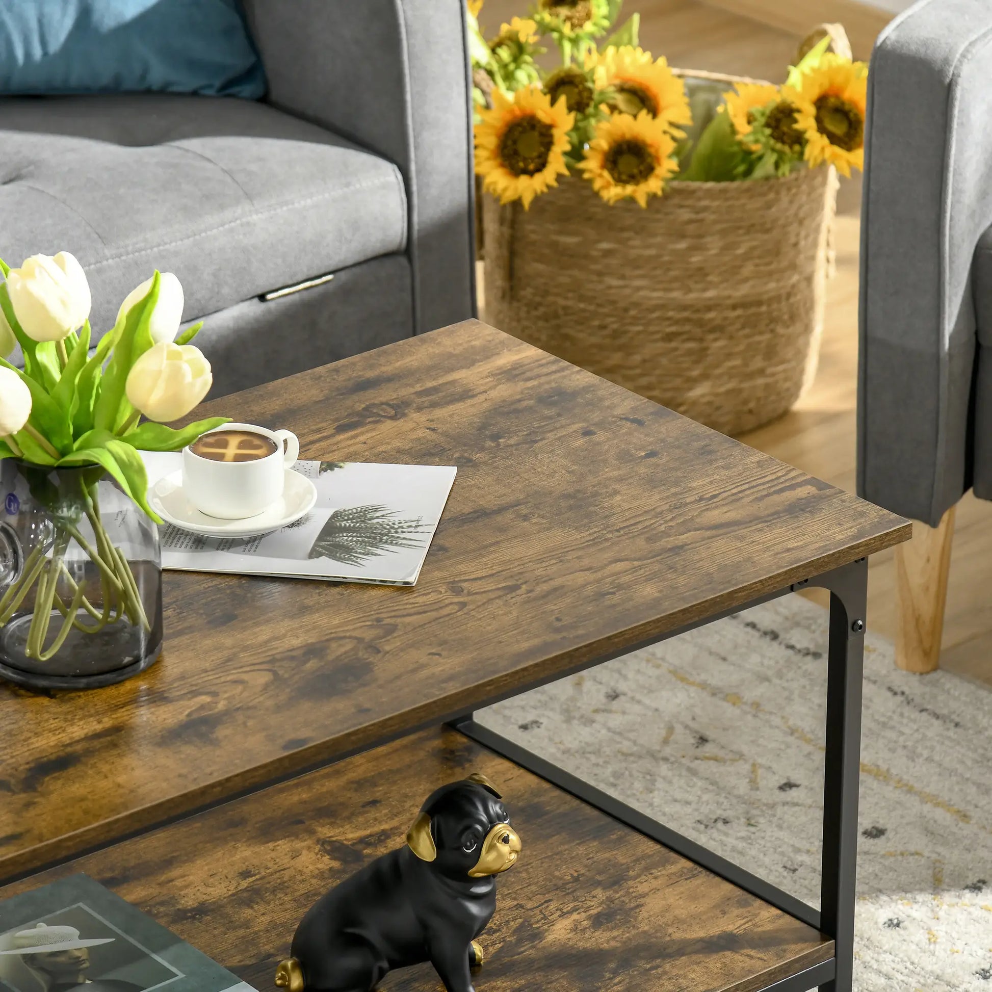 Industrial Coffee Table with Storage Shelf, 2-Tier, Rustic Brown Coffee Tables at Gallery Canada