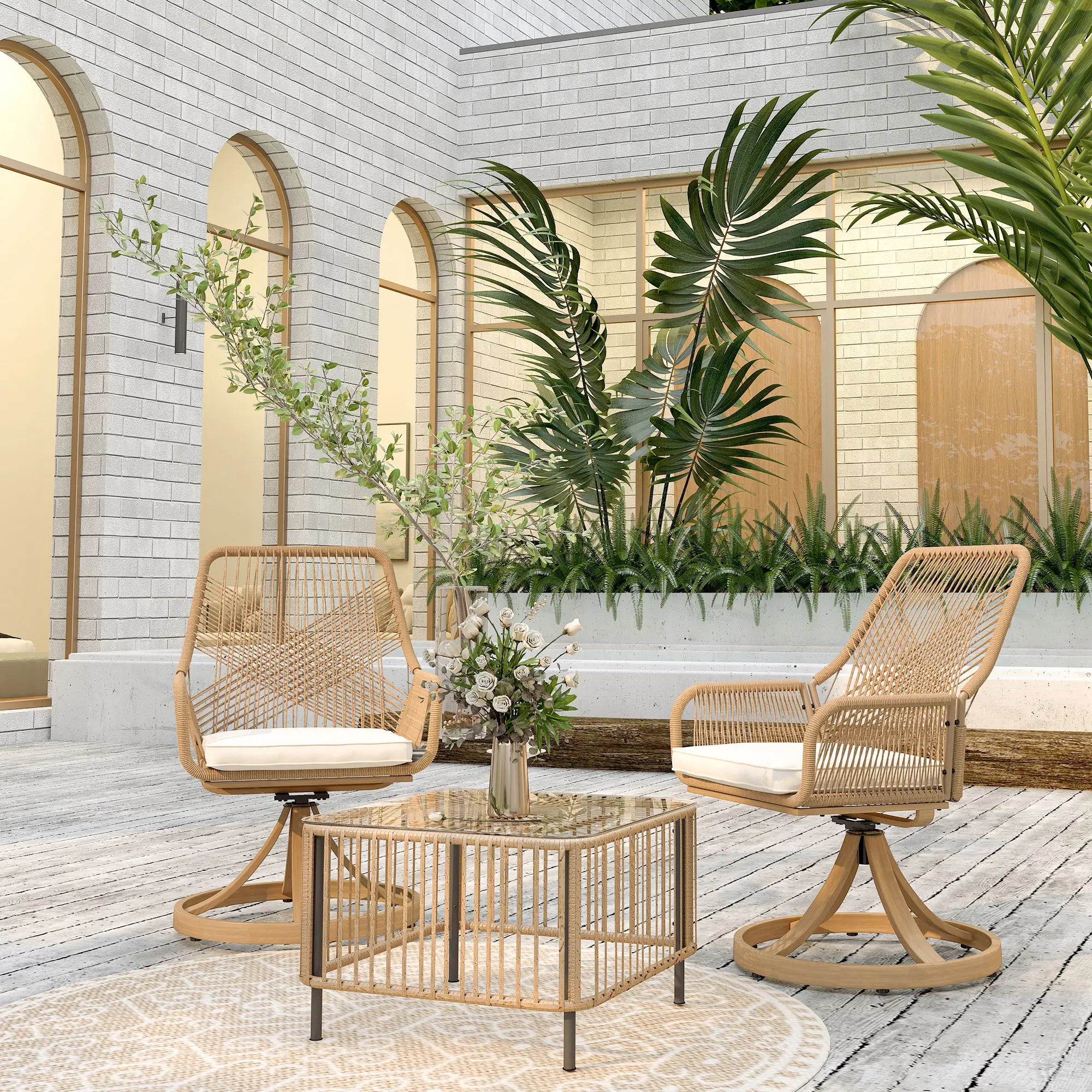 Outdoor Swivel Dining Chairs Set of 2, Patio Rattan with Cushions, Khaki Patio Chairs at Gallery Canada