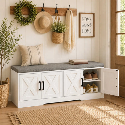 Shoe Bench With Cushion, Adjustable Shelves, White