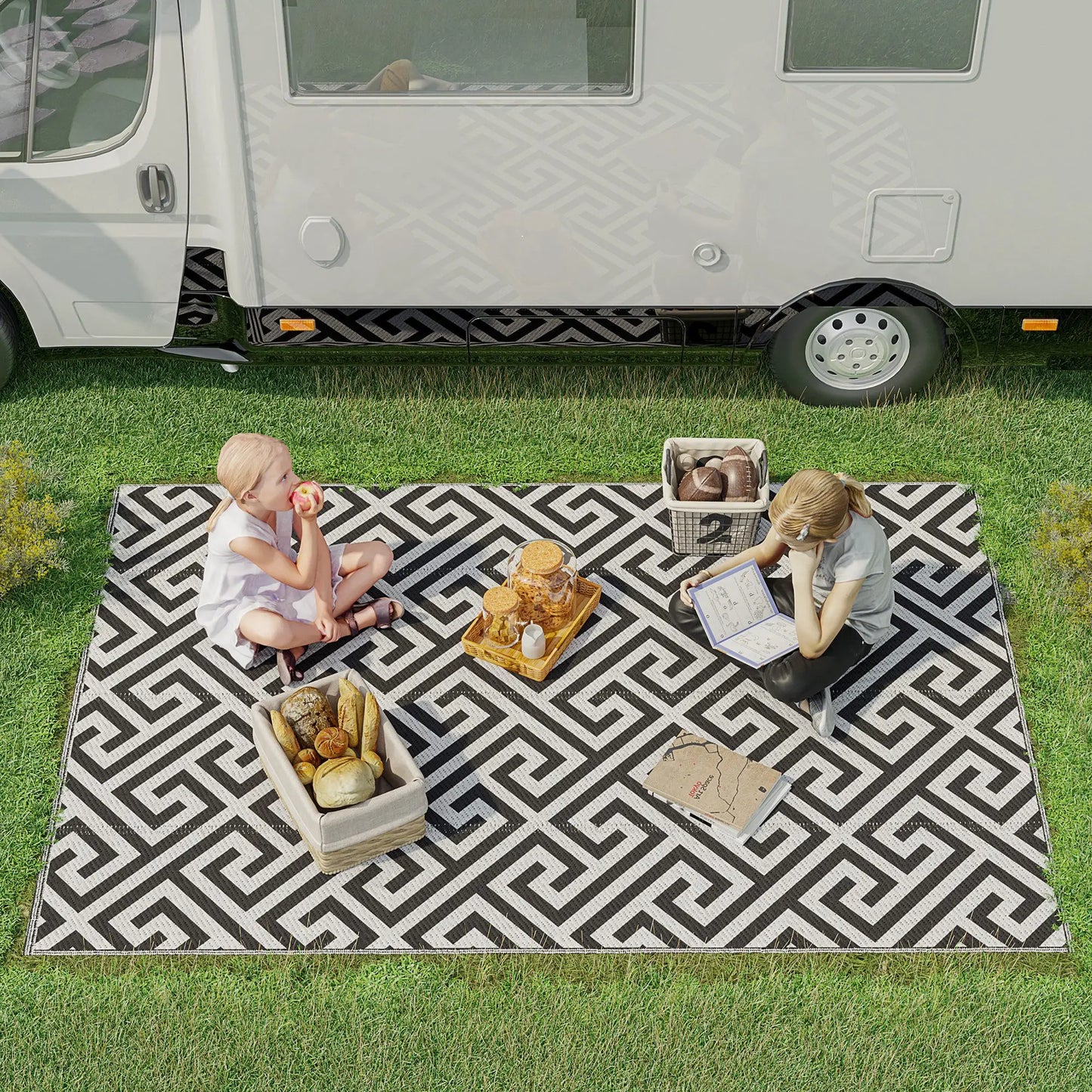 Reversible Outdoor RV Rug, Patio Floor Mat, 5' x 8', Black & White Garden Decor at Gallery Canada