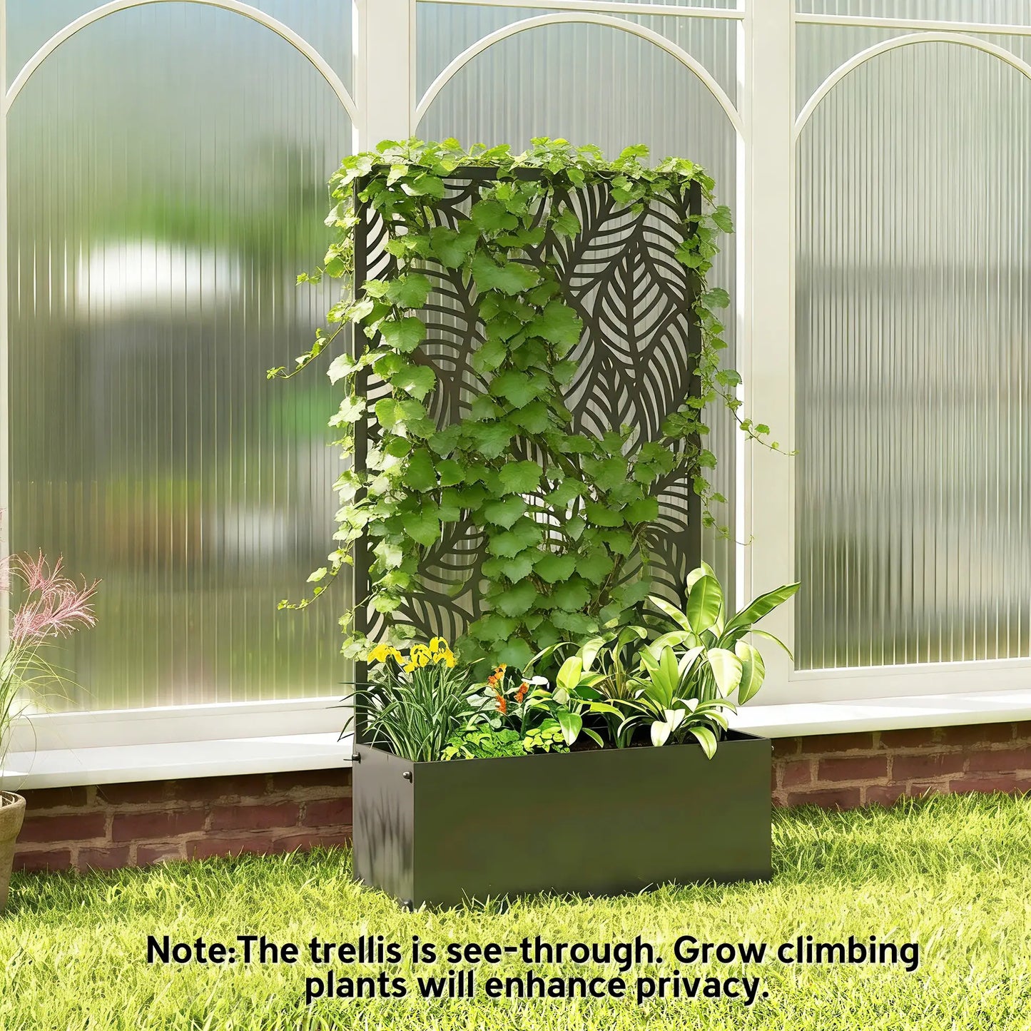 Metal Planter Box With Trellis, 44.5" Raised Garden Bed, Leaves Cut-Out Galvanized Planter Boxes at Gallery Canada