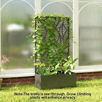 Metal Planter Box With Trellis, 44.5" Raised Garden Bed, Leaves Cut-Out Galvanized Planter Boxes at Gallery Canada