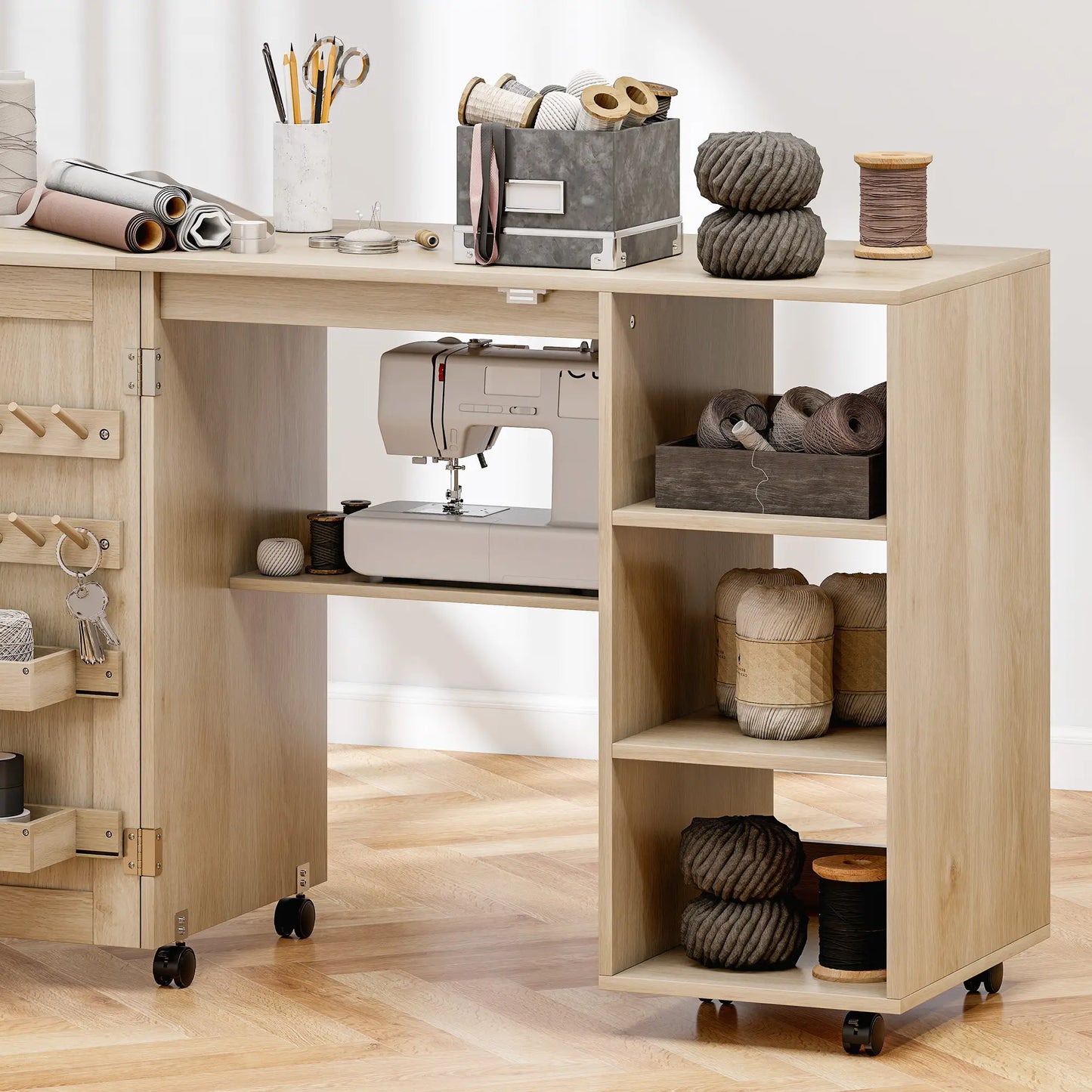 Sewing Machine Table with Drop Leaf, Rattan Door, Storage Shelves, Natural Storage Cabinets at Gallery Canada