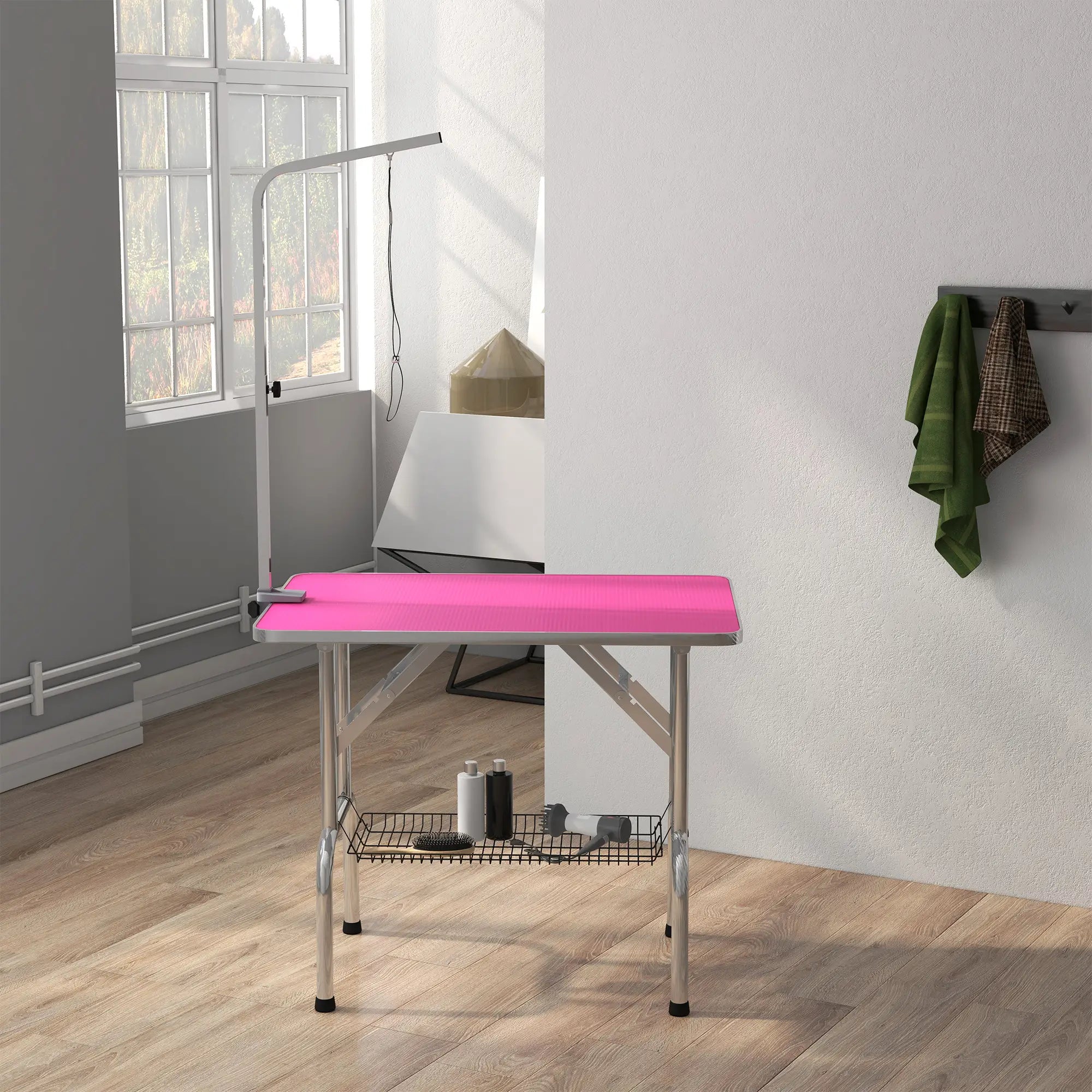 Foldable Dog Grooming Table, Height Adjustable Arm, Storage Shelf, Pink Dog Grooming Tables at Gallery Canada