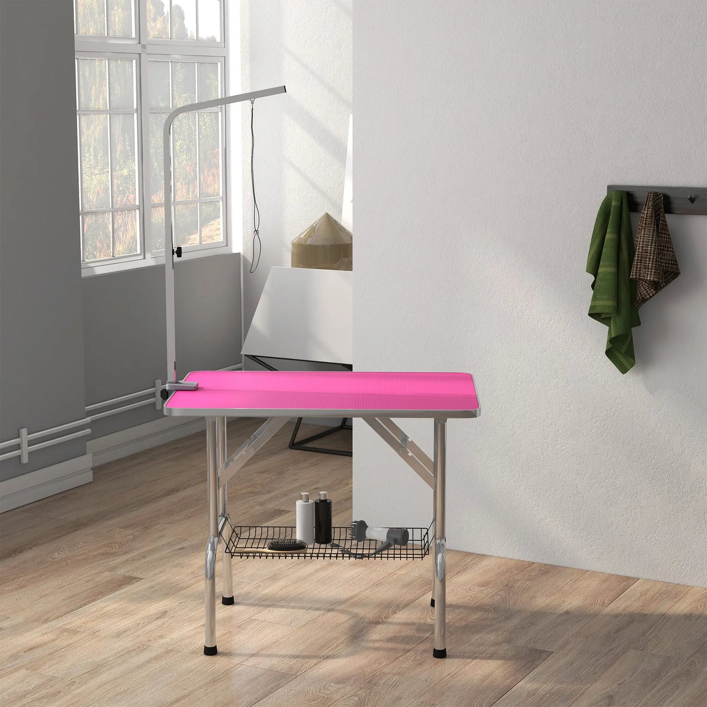 Foldable Dog Grooming Table, Height Adjustable Arm, Storage Shelf, Pink Dog Grooming Tables at Gallery Canada