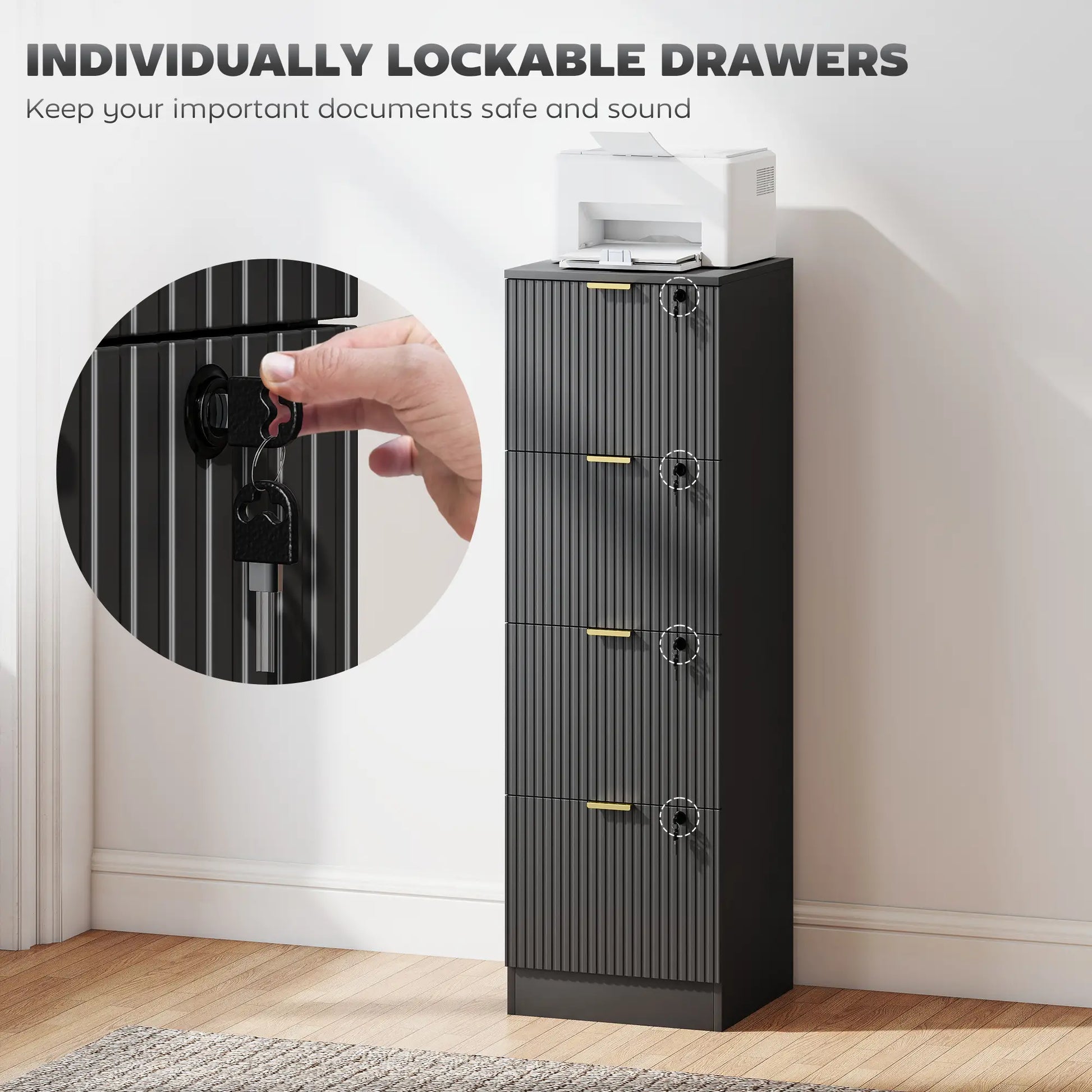 Lockable 4 Drawer Filing Cabinet, Adjustable Hanging Rails, Black Office Cabinets & Cupboards at Gallery Canada