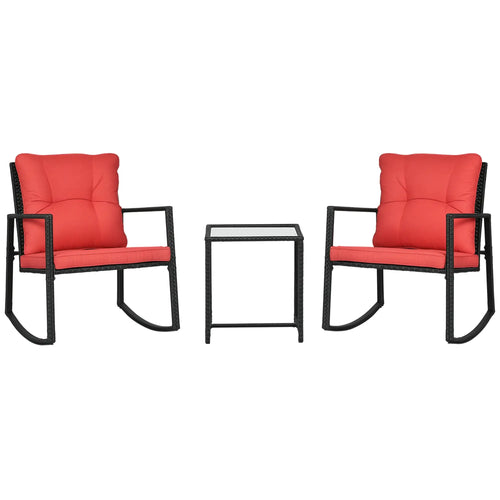 3-Piece Rocking Bistro Set, Outdoor Wicker Patio Furniture, Red