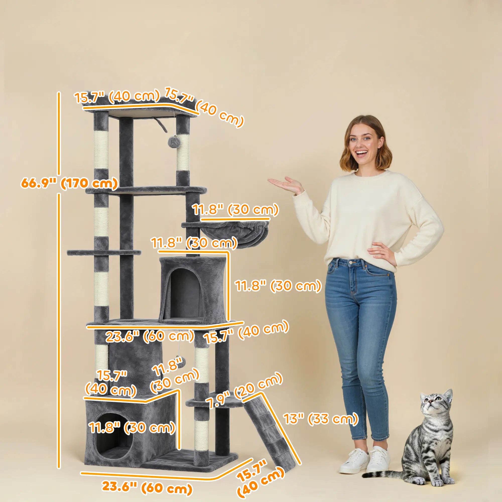 67 Inch Large Cat Tree, 7 Scratching Posts, Tunnel, 2 Condos, Hammock, Dark Grey Cat Towers at Gallery Canada