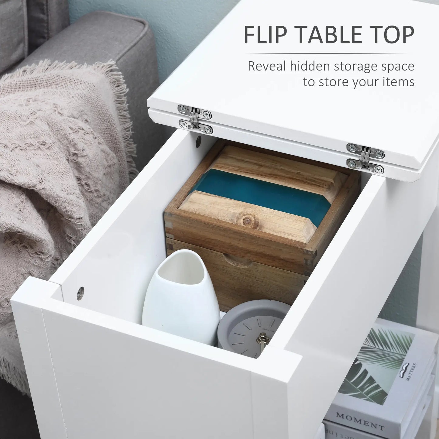 Flip Top End Table, Side Table with Storage, Narrow Nightstand, White Side Tables at Gallery Canada