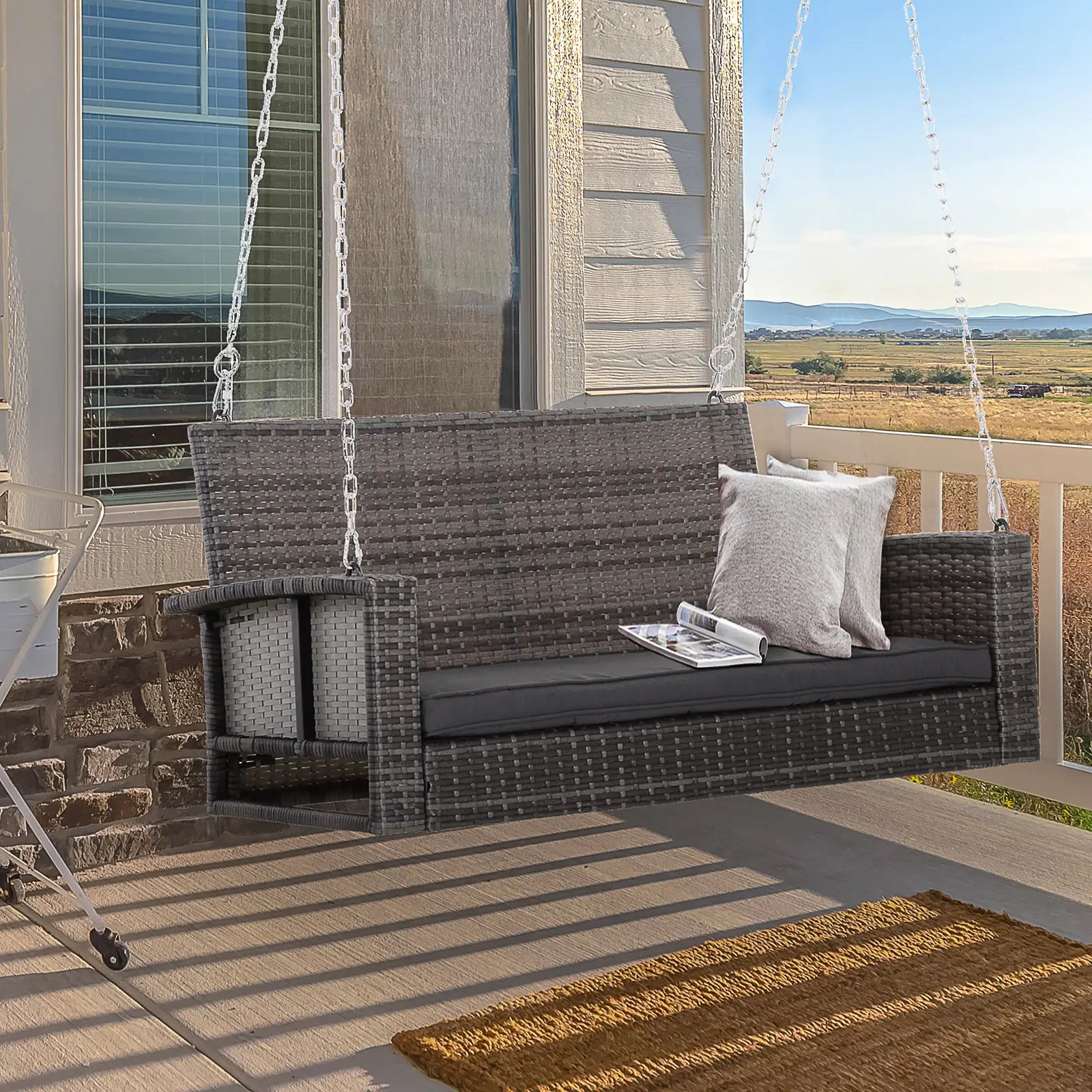 2-Person Patio Swing, Outdoor Rattan Hanging Bench with Cushion, 7.2 ft Steel Chains, Grey Hanging Porch Swings at Gallery Canada