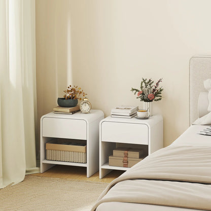 Modern Nightstand Set of 2, Distressed White, With Drawer and Shelf, White