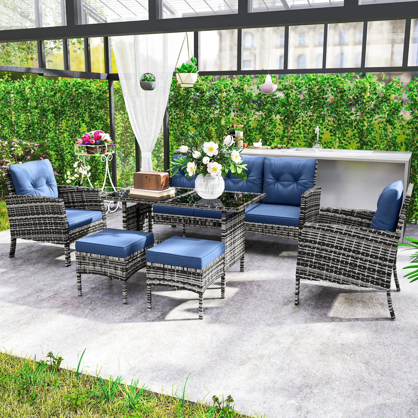 6 Piece Patio Set, Chairs, Ottomans, Sofa, Glass Table, Navy Blue Patio Furniture Sets at Gallery Canada